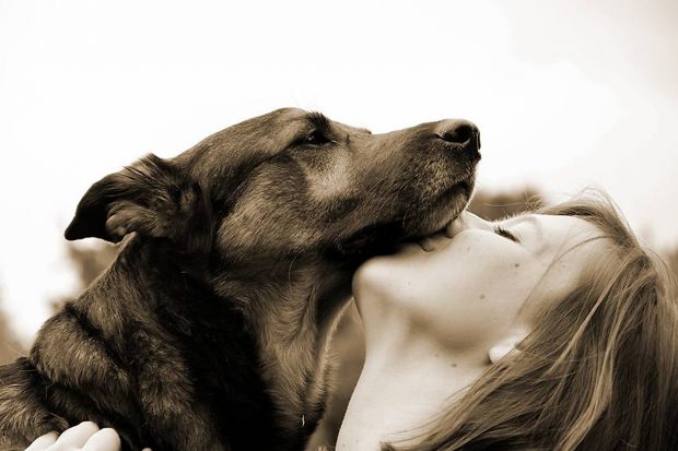bacio romantico tra cane e ragazza